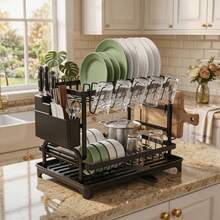 2-Tier Dish Rack With Auto-Drain & Mat, Dish Racks For Kitchen Counter, Dish Drainer With Knife, Fork & Cup Rack, Gifts For Women, Mothers Day, Cool Stuff & Kitchen Gadgets - View 2