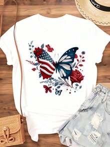 Women's T-Shirt With Floral Butterfly And American Flag Design, Patriotic For Independence Day, July 4th, Casual Summer Style, Fashion Graphic T-Shirt, 220g - Urban Vintage Style, Unisex, 100% Pure Cotton, Short Sleeve, Round Neck. - 白色 - 查看 4