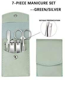 7pcs Portable Nail Clipper Set, High Quality Stainless Steel Ultra Sharp Durable Curved Edge Scissors For Trimming Finger & Toenails, With Nail File (Green & Silver Set) - Multicolor - View 8