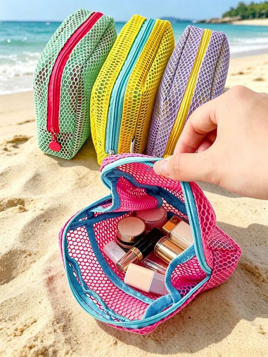 Dopamine Mesh Makeup Bag With Lanyard (Random Color), Portable Breathable Cosmetic Lipstick Storage Bag, Travel Essential - Multicolor - View 1