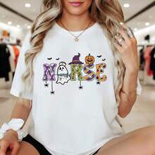 Women's Halloween Nurse Print Cotton T-Shirt, Cute Graphic Tee With Ghost, Pumpkin And Witch Hat, Casual Short Sleeve Top, Nurse Costume T-Shirt For Parties, Comfortable And Breathable Basic T-Shirt For Halloween Celebrations. - 白色 - 查看 7