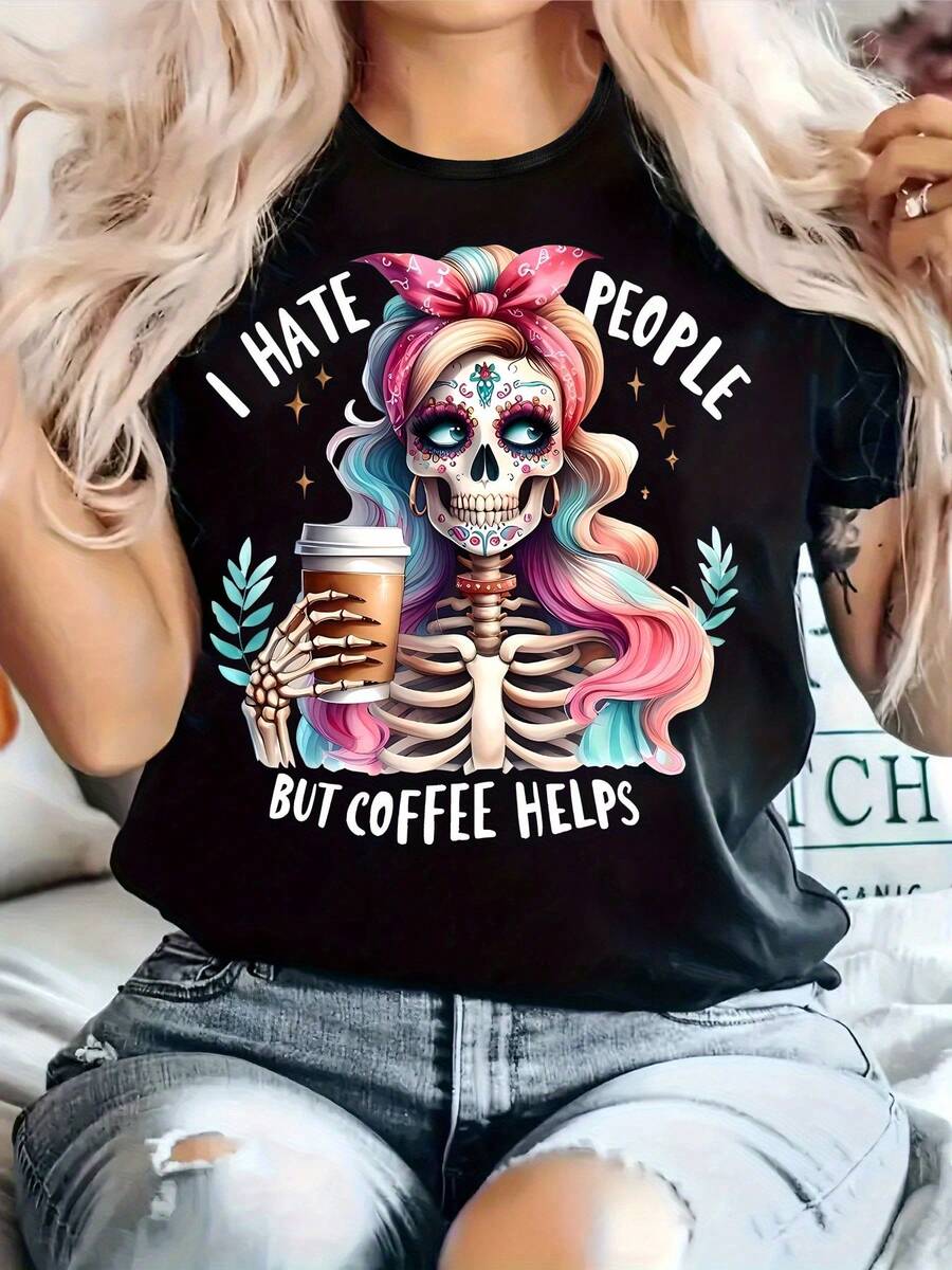 Women's Modern, Casual T-Shirt, Perfect For Parties And Lounging At Home. Made From 100% Cotton, It Features A Relaxed Fit. Available In Plus Sizes, This Casual Women's T-Shirt Has A Printed Design, A Round Neck, Short Sleeves, And A Slightly Stretchy Fabric. It's A Comfortable Top Suitable For All Seasons. - 黑色 - 查看 1