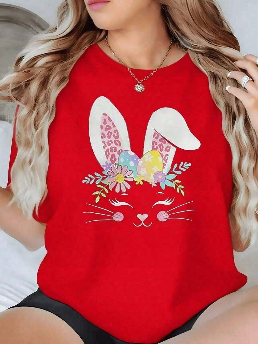 Happy Easter Gift! Lightweight Cheerful Bunny With Pink Ears And A Flower Crown Symbolizing Tenderness And Positive Energy For Every Day. Women's T-Shirt, 100% Soft And Comfortable Cotton, Ideal For Looking Cheerful. Wishing You Peace, Love And Joy. - 紅色的 - 查看 1