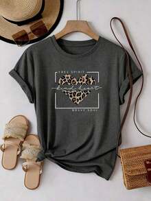 Women's Casual Short Sleeve T-Shirt, Round Neck, Drop Shoulders, With Leopard Heart Print, Regular Length - Dark Grey - View 2