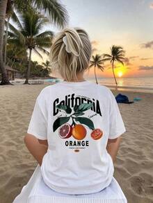 California Orange Graphic Tee | Retro Fruit Print Summer Tee | LA Style Casual Top | Collegiate Aesthetic | Women's Beach & Street Fashion, Fresh Citrus Print, Vintage Summer Essential Y2K White - 白色 - 查看 6