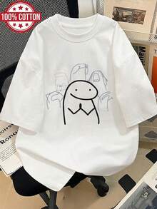Women's T-Shirt With "Flork Of Cows" Meme, 100% Cute Minimalist Line Art Print, Breathable Oversized Casual Tee,  Aesthetic Korean Streetwear, Soft And Comfortable Short Sleeve Top For Everyday Wear And Casual Outings - 白色 - 查看 7