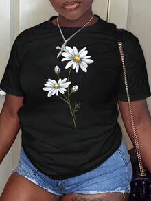 Camiseta de manga corta para mujer, con estampado de margaritas y flores frescas, camiseta casual negra de cuello redondo, elástica, lavable a máquina, adecuada para deportes y ocio en primavera/verano/otoño. - Negro - Ver 1