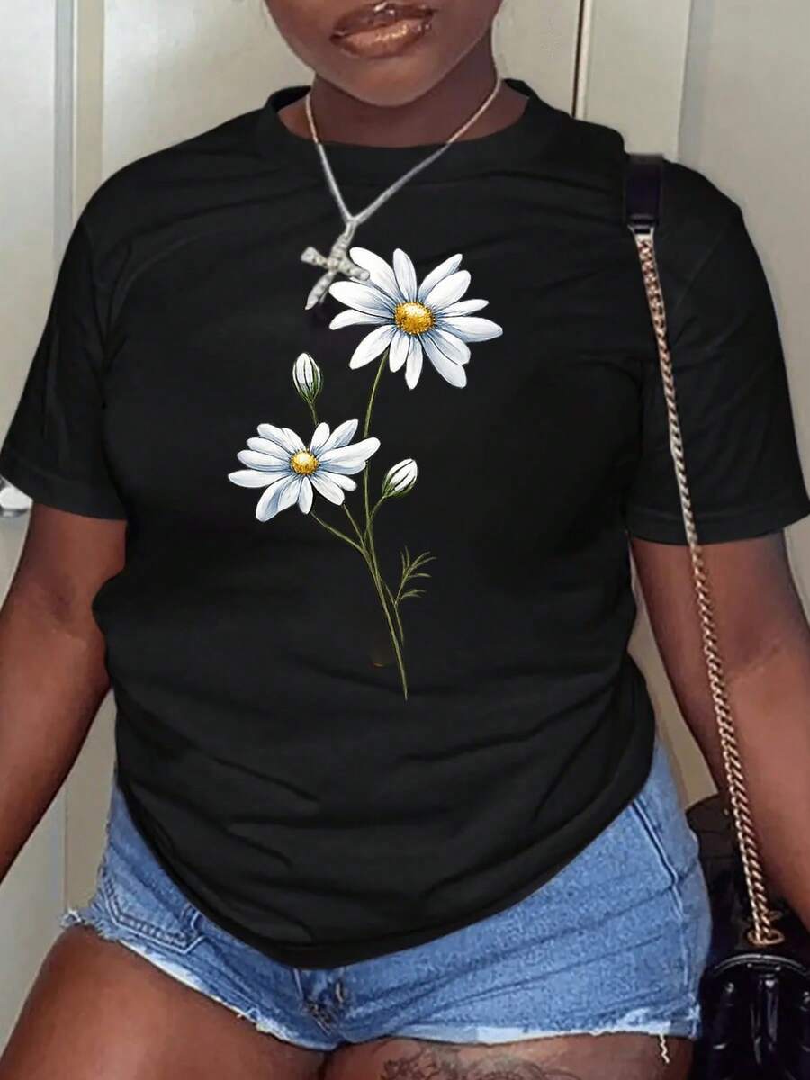 Camiseta de manga corta para mujer, con estampado de margaritas y flores frescas, camiseta casual negra de cuello redondo, elástica, lavable a máquina, adecuada para deportes y ocio en primavera/verano/otoño. - Negro - Ver 1