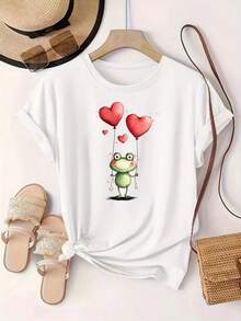 Women's Casual Short Sleeve T-Shirt, Frog And Heart Balloon Print, Comfortable Fit, Matching Sets For Sisters, Outdoor Travel Essential, Women's T-Shirt, Spring/Summer T-Shirt. - 白色 - 查看 1