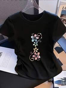 Artistic Floral Print - Y2K Style - Women's Casual T-Shirt, Elegant, Sporty, Small Size, Slim Fit, Solid Color, With Detailed Pleats At The Waist, Round Neck, Short Sleeve, Suitable For Four Seasons. - 黑色 - 查看 2
