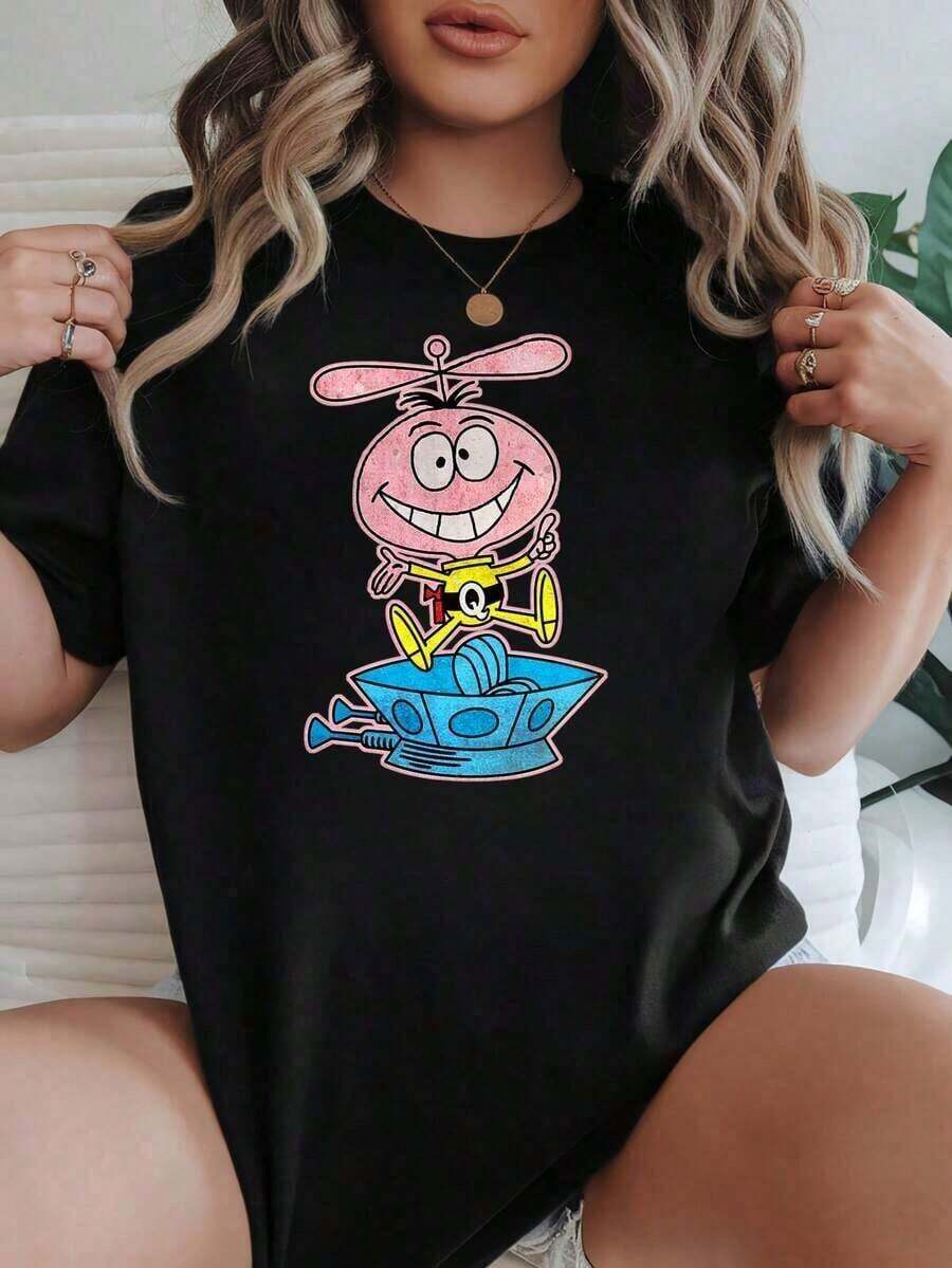 PremiumFashionWo's T-Shirt - Casual Loose Fit, Black And White Options, Cartoon Character Print, Graphic Tees For Everyday Wear, Summer Tops, Graphic Tees, Crop Tops, Vintage Cotton Tees, Cute Clothing, High-End Solid Color Loose Fit Tees, Gift Idea - 黑色 - 查看 1