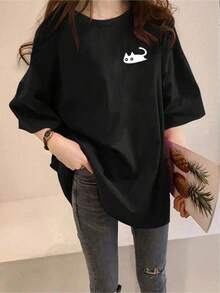 1 Pieza Camiseta Unisex Holgada 180g 100% Algodón Puro, Camiseta divertida gato gráfico estilo urbano casual cómoda perfecta para amantes de los gatos talla única color negro moda juvenil  2023 Cómoda y versátil para escuela, trabajo, salidas y eventos casuales - Negro - Ver 1
