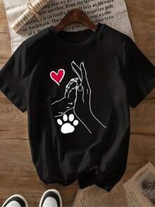 Plus Size Women's Casual T-Shirt With Round Neck, Heart And Paw Print Design, Polyester Fabric, Medium Stretch, Geometric Pattern, Appliqué Detail, Short Sleeve T-Shirt For Spring/Summer/Autumn, Women's T-Shirt - 黑色 - 查看 2
