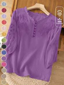 Blusa ligera y holgada de viscosa con bordado retro para mujer, para primavera y verano, casual, estilo campestre, tops de verano - Morado 2 - Ver 3