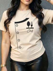 Women's Short-Sleeve T-Shirt With A Fun Chef Print. Original And Modern Design, Ideal For Cooking Enthusiasts. Soft And Comfortable Fabric, Perfect For A Casual And Stylish Look. Express Yourself With This Unique And Personality-Filled Garment! Women's Casual Blouses 100% Cotton - 杏 - 查看 1