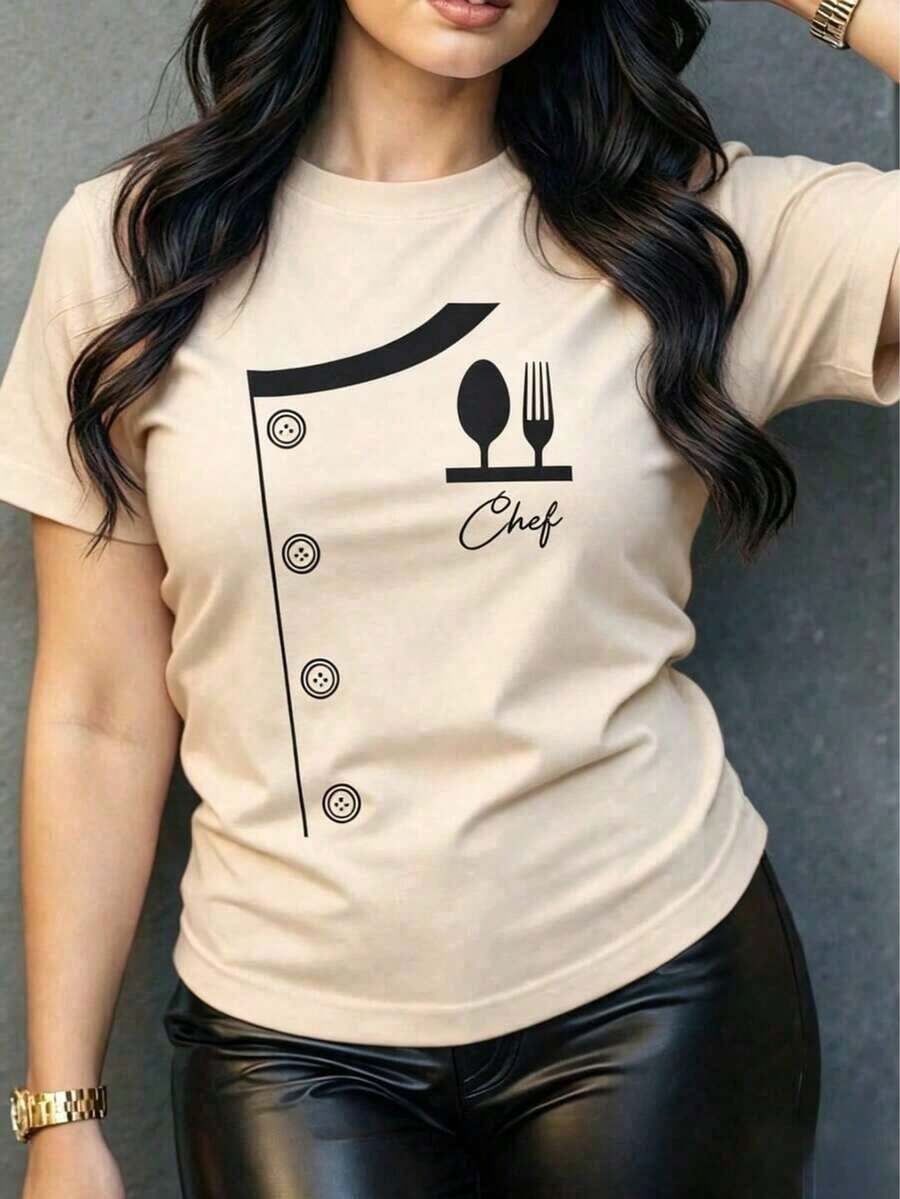 Women's Short-Sleeve T-Shirt With A Fun Chef Print. Original And Modern Design, Ideal For Cooking Enthusiasts. Soft And Comfortable Fabric, Perfect For A Casual And Stylish Look. Express Yourself With This Unique And Personality-Filled Garment! Women's Casual Blouses 100% Cotton - 杏 - 查看 1