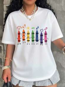 Women's T-Shirt, Women's Crayon Mood Face Design T-Shirt For Women, Plus Size, Fun Cartoon Design, Black Crew Neck, Summer Casual Wear, Gift For Art Lovers - 白色 - 查看 1