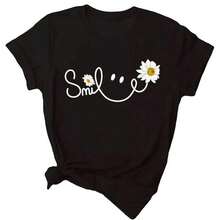 Camisole With A Beautiful Daisy Smile Print, Harajuku Style, Black Graphic Design Camisole, Casual Round Neck Camisole For Women. Suitable As A Gift. Women's T-Shirt. Blouses > Elegant. Boho Chic. Soft, Breathable, And Comfortable Women's Top, Ideal For Spring, Summer, And Autumn, Perfect For Vacations, Travel, And Everyday Wear. - 黑色 - 查看 3