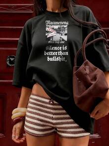 Retro Street Photo T-Shirt With "Silence Is Better Than" Slogan, Fashionable Short-Sleeve T-Shirt For Spring/Summer 2026, Made In Mexico, 180 Grams. Cartoon Print, Couple Design, Suitable For Indoor Or Outdoor Wear. Crew Neck, Unisex, Ideal For Office And Leisure. One-Pack. - BK-P631577SLNDXZGY586 - 查看 3