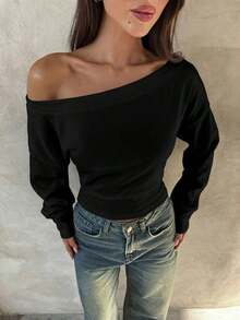 Blusa Asimétrica de Hombro de Manga Larga de 95% Algodón Tejido, Blusa Versátil Negra, Armario de Otoño; Simple, Elegante; Cómoda, Chic. - Negro 2 - Ver 5
