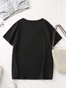 Diseño simple y versátil. Nueva camiseta de una pieza para primavera/verano con cuello redondo - Estampado de corazón y lápiz para el Día del Maestro. Cuello redondo, moderna, elegante, única y divertida. Cómoda, suave, transpirable, ropa elegante para fiestas y celebraciones. Ropa para Navidad, Halloween, Pascua, Día de San Valentín, vacaciones, vestido de graduación universitaria, nuevos productos de verano y otoño, camiseta de algodón estilo Y2K. - Negro - Ver 3