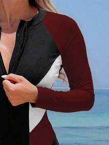 2026 Swim SPRTY 1 pieza Traje de baño de una pieza para mujer, traje de baño de manga larga con cremallera y bloques de color casual para vacaciones y playa, traje de baño de una pieza de manga larga para mujer, traje de baño de manga larga para mujer, traje de baño de manga larga para mujer - Burdeos - Ver 4