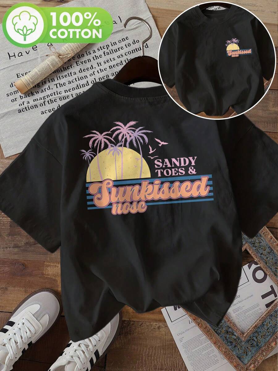 | Exquisite Design | Loose And Comfortable | Easy To Match | [Double-Sided Print] Women's Summer Clothes, Women's Casual Top, Vintage Style, Coconut Tree Print, Sunset, Sand-Covered Toes And Tanned Nose, Round Neck, Pure Cotton Short-Sleeve T-Shirt. - 黑色 - 查看 1