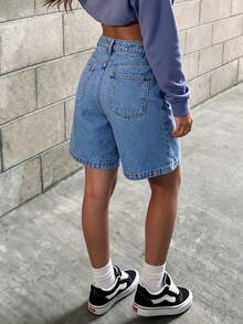 Quần short denim Bermuda nữ màu trơn, túi rộng, dáng suông, phong cách thường ngày cho mùa hè - Rửa trung bình - Xem 6