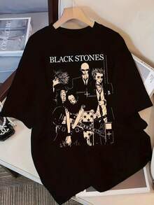 Camiseta negra informal de manga corta con cuello redondo para hombre,Camisetas Para Mujer Camiseta única y exclusiva BLACK STONES con diseño impactante y estilo Y2K, perfecta para los amantes de la moda alternativa en México, ideal para destacar tu personalidad y actitud vintage, no te quedes sin la tuya, solo una disponible - Negro - Ver 6