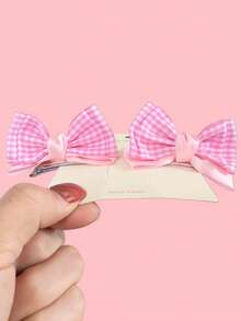 2pcs Girls Casual Simple Plaid Dual-Tone 3D Bow Hair Clips Suitable For Daily Wear And Back To School Season - Pink - View 3
