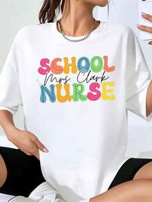 Personalized T-Shirt With Name For Women, Colorful Print, Cute, Plus Size, Gift For School Staff, Work Uniform - White - View 7