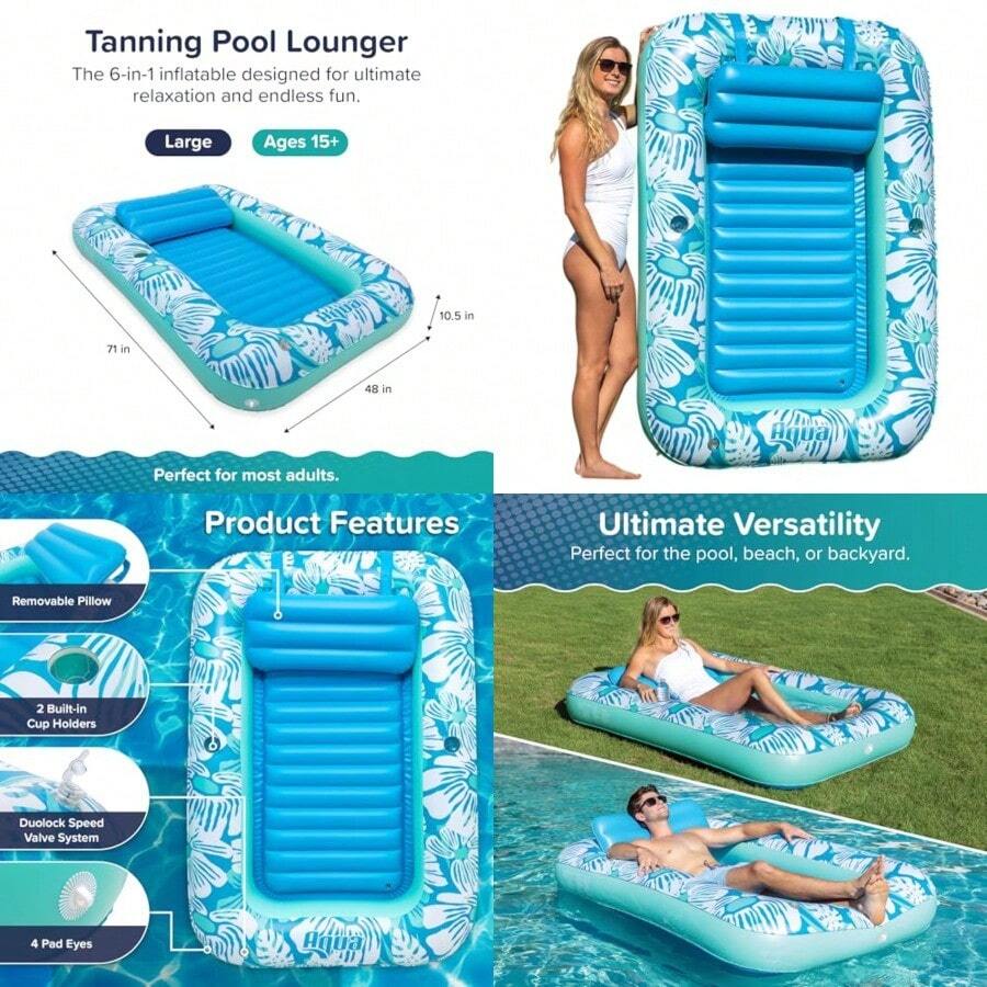 Aqua Inflatable Tanning Pool Lounger and Float with Removable Pillow - 71" x 48" - Blue Flowers - Flores azules - Ver 1