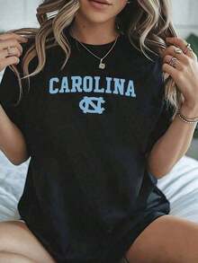 Estilo Y2K, estilo de moda, lo más nuevo de 2026, estilo lindo, estilo casual, blusas para mujer>ropa. 1 pieza de camiseta con estampado gráfico del equipo Carolina para mujer, cómoda, de algodón puro, estilo universitario, para uso diario informal, regalo de cumpleaños perfecto para exalumnos de la UNC y fans de Carolina, ¡expresa tu espíritu de equipo! Regalo para el Día de la Madre, Ropa para el Día del Partido, Conjuntos de Verano para Mujer. Corte relajado para un estilo sin esfuerzo. 180g 100% Algodón. 180g (Tallas S-XXXL) - Negro - Ver 7