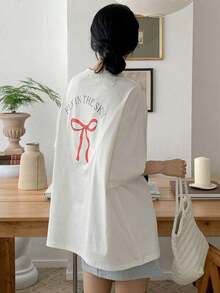 Women's 100% Cotton Oversized Summer T-Shirt, Letter And Bow Print, Round Neck, Drop Shoulder Sleeves, Vintage Casual, New Collection - White - View 3