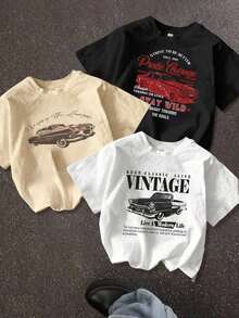 1 piezas/set de camisetas de manga corta ajustadas con estampado de cactus y coche vintage minimalista casual para mujer, verano - Albaricoque - Ver 6