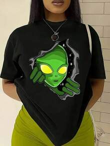Camiseta única y moderna con diseño de alienígena saliendo de la pared perfecta para amantes de la moda y la cultura y2k fresca y llamativa ideal para cualquier ocasión casual destaca tu estilo único y original en México tus amigos no podrán resistirse Cómoda y versátil para escuela, trabajo, salidas y eventos casuales - Negro - Ver 6