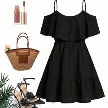 Vestido elegante de moda nuevo para mujeres con escote en el hombro, borde alto y cintura favorecedora, mini vestido ideal para vacaciones, salidas casuales, fiestas, meriendas y talla grande ocasiones de verano - Negro - Ver 1
