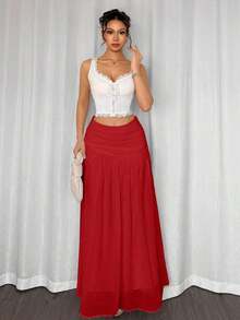 Falda larga plisada con cierre asimétrico de gasa blanca elegante y minimalista para mujer, adecuada para verano, playa, vacaciones y uso casual - Rojo - Ver 3