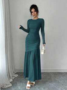 Vestido largo de manga larga con cuello redondo y malla para mujer, vestido casual de otoño.Adecuado para ropa de otoño, atuendo de regreso a clases, atuendo de maestro - Agua verde azul - Ver 5