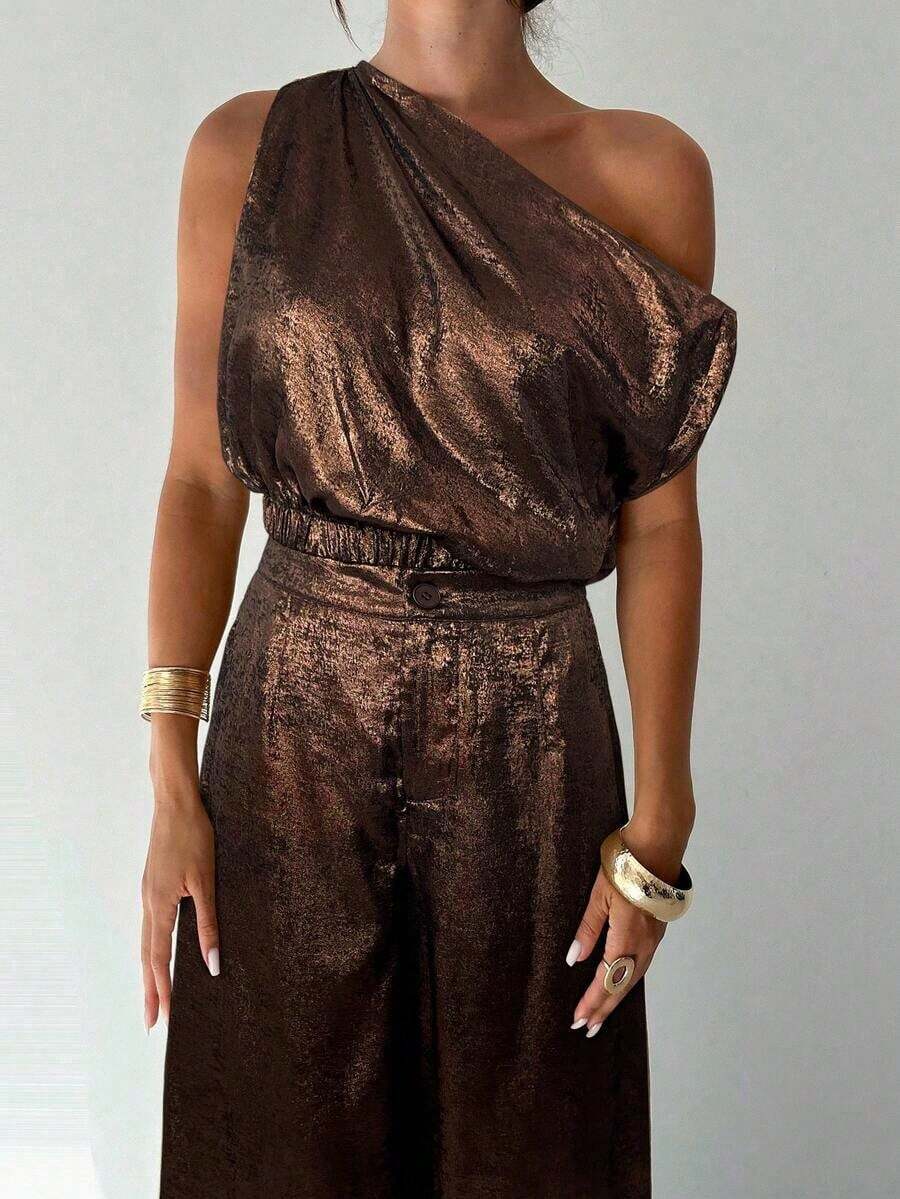 Conjunto de blusa suelta asimétrica sin hombros con baño de oro sin mangas y pantalones de pierna ancha con cintura elástica, adecuado para citas, fiestas, viajes diarios, festivales de música, ceremonias de graduación, atuendos de maestros y ocasiones formales - Marrón 2 - Ver 1