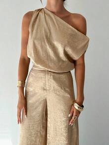 Conjunto de blusa suelta asimétrica sin hombros con baño de oro sin mangas y pantalones de pierna ancha con cintura elástica, adecuado para citas, fiestas, viajes diarios, festivales de música, ceremonias de graduación, atuendos de maestros y ocasiones formales - Dorado - Ver 8