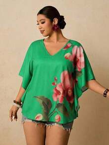 Blusa holgada con estampado floral para mujer de talla grande - Verde - Ver 3