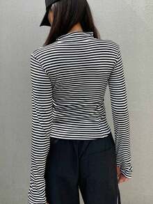 de forro polar de ajuste ceñido con cuello alto de unicolor para mujer, otoño e invierno - Blanco y Negro - Ver 3