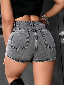 PETITE Short vaquero sexy con bolsillo frontal, cruce de cintura y abotonado para mujer - Gris Claro - Ver 2