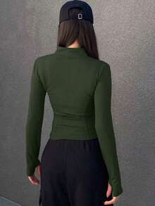 de forro polar de ajuste ceñido con cuello alto de unicolor para mujer, otoño e invierno - Verde Oliva - Ver 2