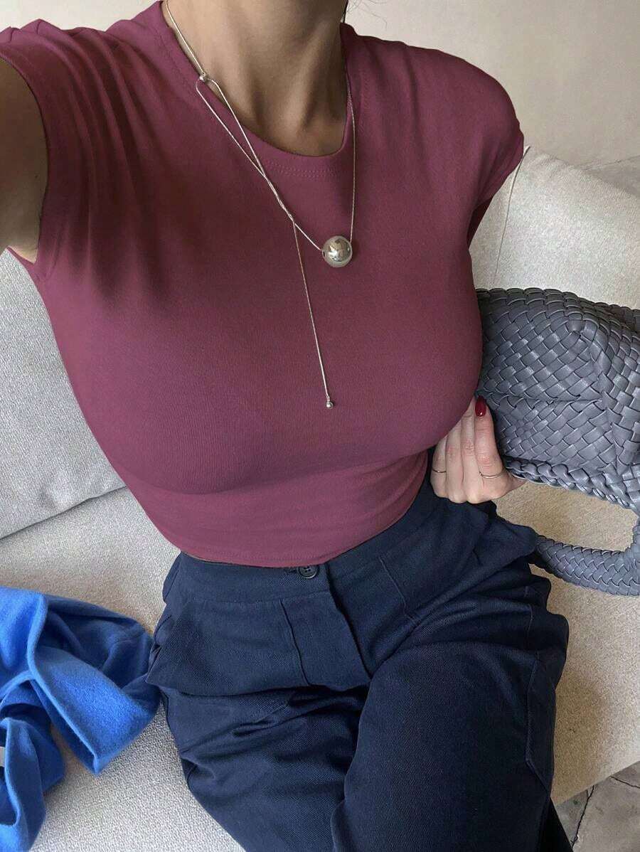 Top corto y ajustado de unicolor de verano para mujer, camiseta informal empresarial - Rosa Fucsia - Ver 1
