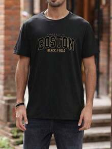 Camiseta de manga corta para hombres de cuello redondo de 100% algodón, una obra maestra de estampado elegante para ocasiones de ocio al aire libre ​ - Negro - Ver 2