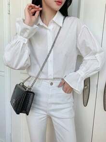Camisa con volantes y hombros caídos a rayas verticales, blusas de manga larga, ropa de otoño - Blanco - Ver 1