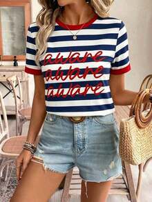 Camiseta de manga corta holgada con cuello redondo, estilo asimétrico a rayas, minimalista y casual, para mujer.Versátil y adecuada para primavera/verano y temporada deportiva - Multicolor 4 - Ver 7