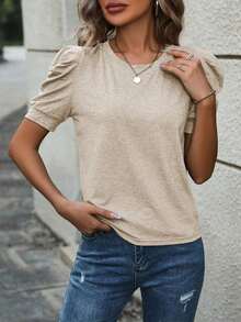 Selamara Camiseta casual de verano para mujer, de unicolor, cuello redondo y manga abullonada - Albaricoque - Ver 5
